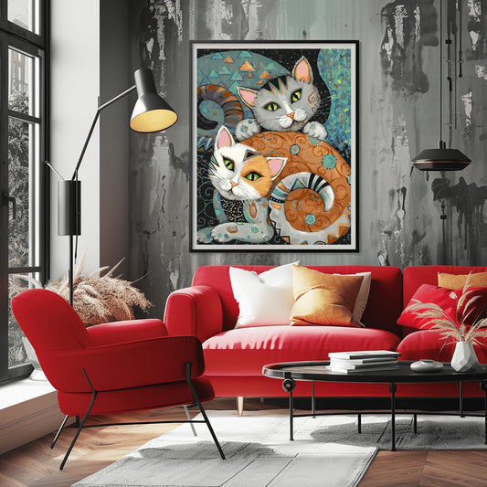 Folk Art Cat Print, Unique Cat Lover Gift, Whimsical Animal Decor, Colorful Cats Poster, Modern Nursery Art