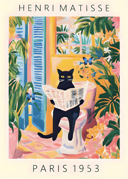 Black Cat on Toilet Poster, Matisse Inspired Bathroom Art, Funny Pet Print, Butterfly Quirky Wall Decor, Pink Tropical Decor, Humorous Gift