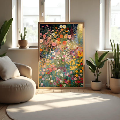 Gustav Klimt Inspired Wildflower Canvas Wall Art – Floral Landscape Print, Neutral Tones, Modern Botanical Decor, Trendy Gift for Art Lovers