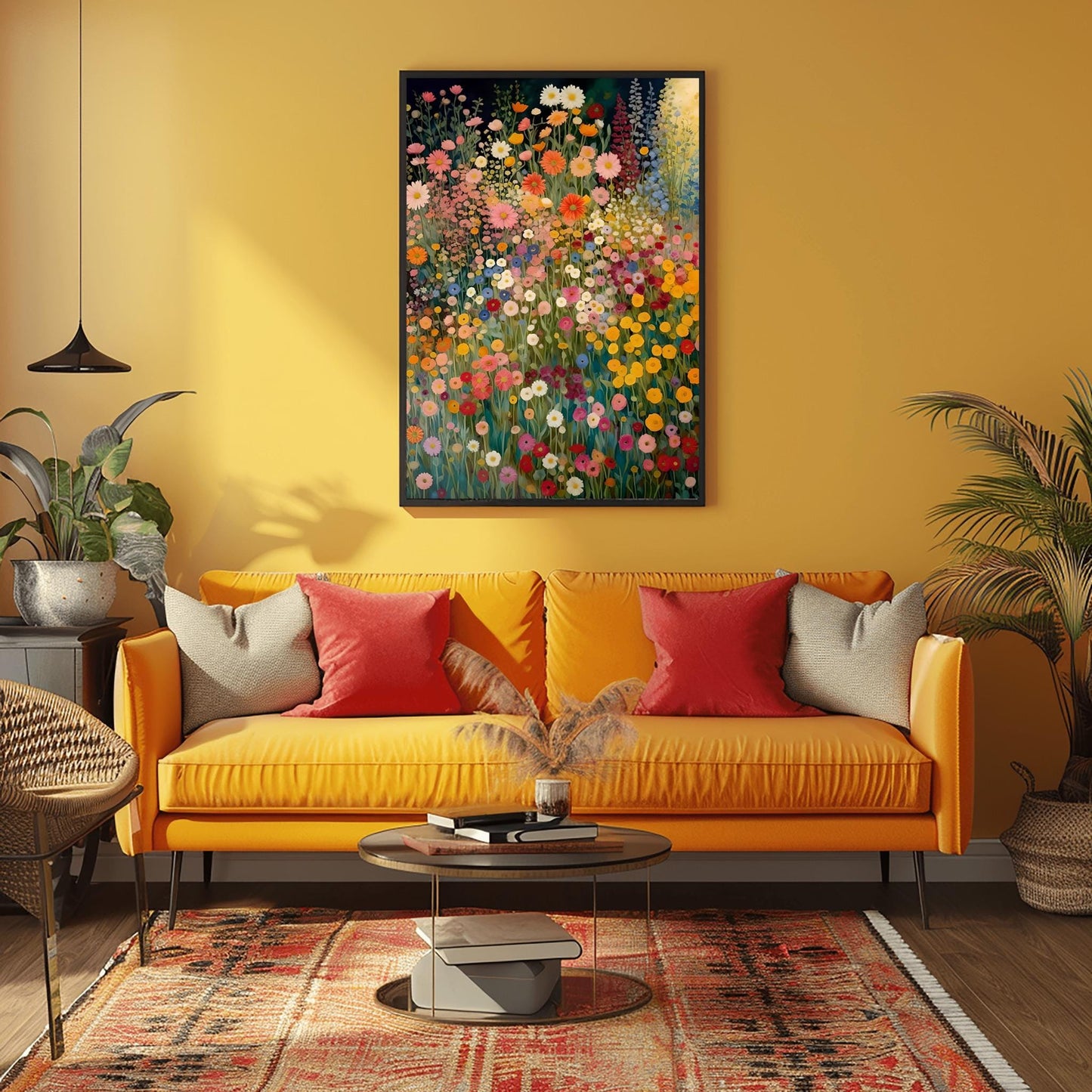 Gustav Klimt Inspired Wildflower Canvas Wall Art – Floral Landscape Print, Neutral Tones, Modern Botanical Decor, Trendy Gift for Art Lovers