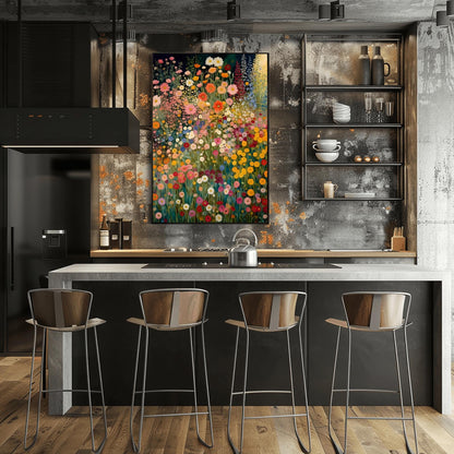 Gustav Klimt Inspired Wildflower Canvas Wall Art – Floral Landscape Print, Neutral Tones, Modern Botanical Decor, Trendy Gift for Art Lovers