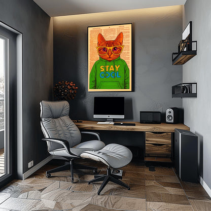 Dorm Room Cool Cat Poster, Funny 'Stay Cool' Print, Whimsical Cat in Hoodie, Retro College Student Decor, Trendy Wall Art for Teens