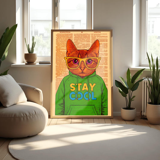 Dorm Room Cool Cat Poster, Funny 'Stay Cool' Print, Whimsical Cat in Hoodie, Retro College Student Decor, Trendy Wall Art for Teens