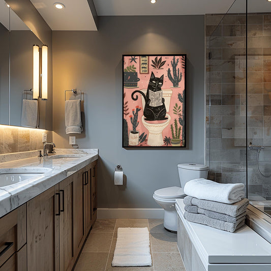Matisse Art Print Black Cat Toilet Decor, Funky Retro Bathroom Wall Art, Mid Century Modern Pink Illustration