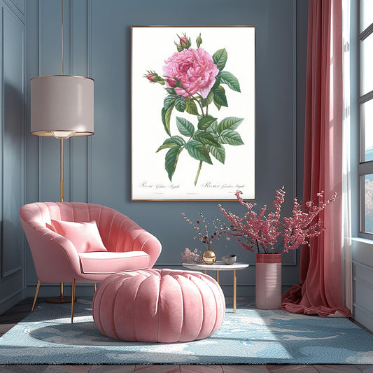 Lush Pink Rose Botanical Print | Vintage Floral Illustration | Rosa Gallica Regalis Poster | Cottagecore Wall Art | Rose Lover Gift | Poster