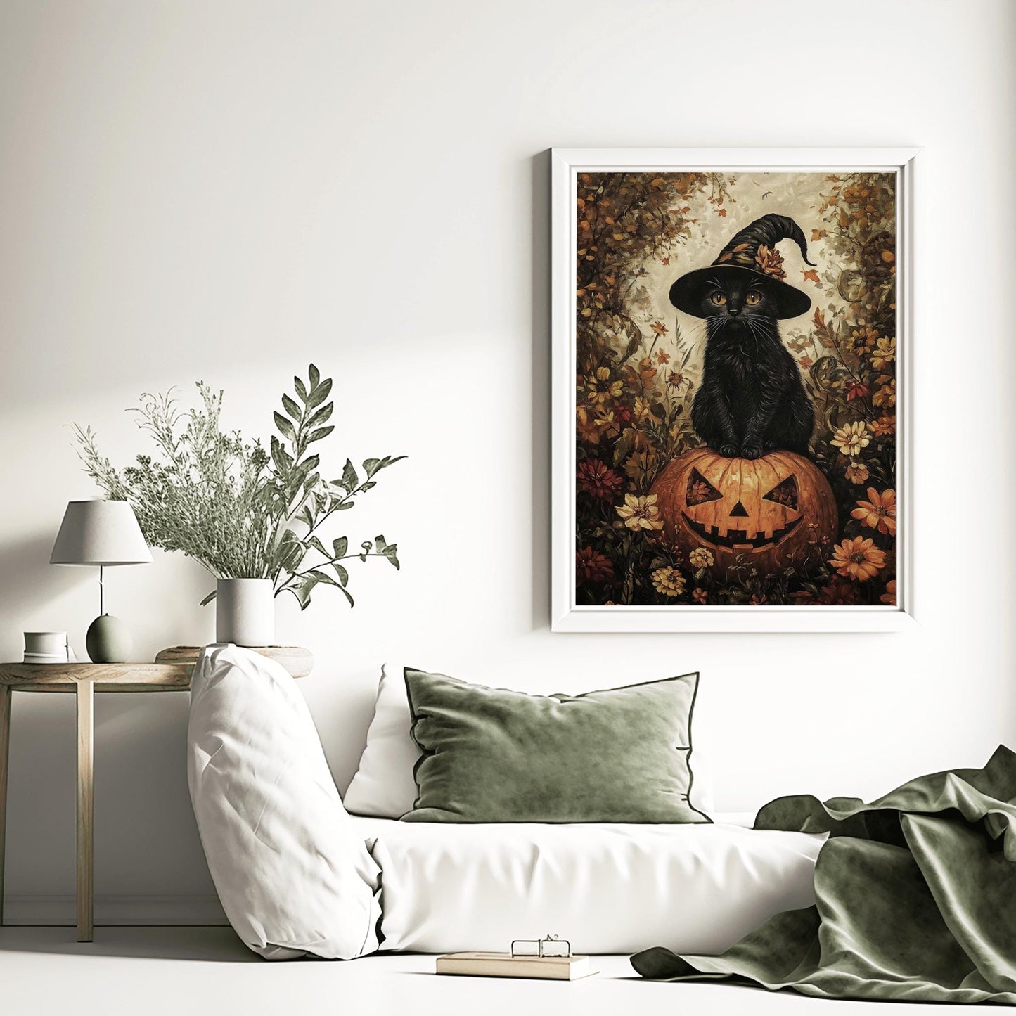 Witch Cat on Pumpkin Print | Halloween Black Cat Art | Spooky Cute Decor | Jack-o'-Lantern Poster | Autumn Kitten Wall Art | Fall Pet Decor