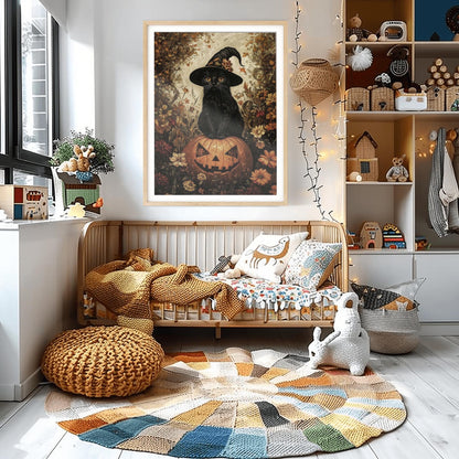Witch Cat on Pumpkin Print | Halloween Black Cat Art | Spooky Cute Decor | Jack-o'-Lantern Poster | Autumn Kitten Wall Art | Fall Pet Decor
