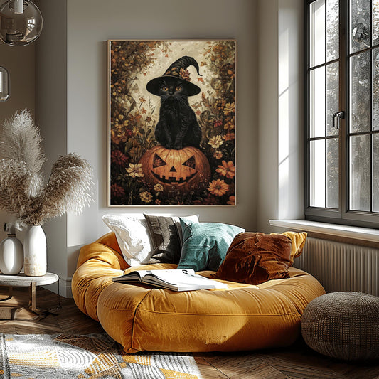 Witch Cat on Pumpkin Print | Halloween Black Cat Art | Spooky Cute Decor | Jack-o'-Lantern Poster | Autumn Kitten Wall Art | Fall Pet Decor