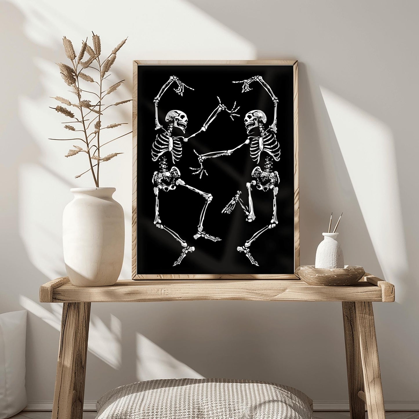 Dancing Skeletons Print | Gothic Halloween Wall Art | Spooky Macabre Decor | Folk Art Skeleton Duo | Dark Academia Poster | Death Dance Art
