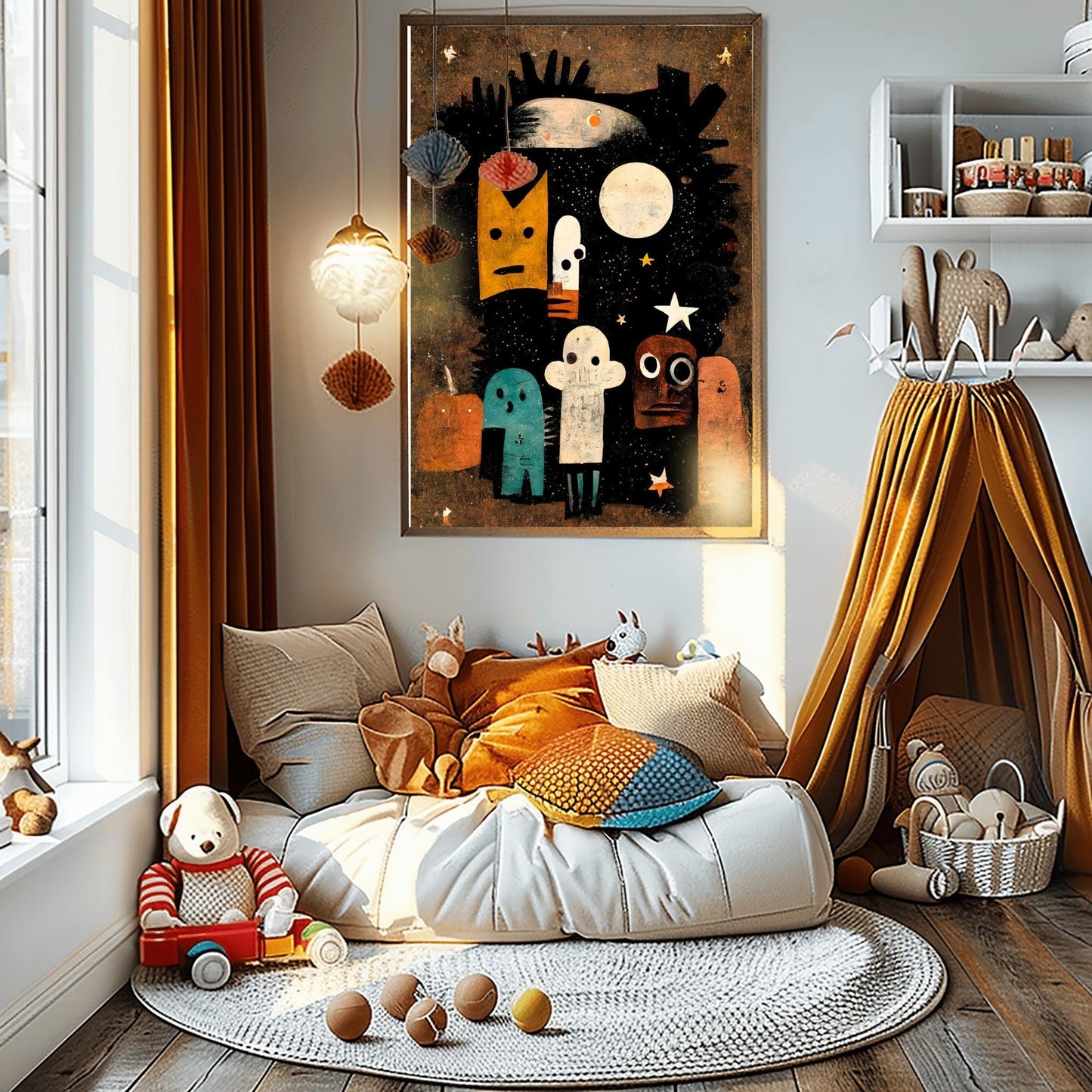 Whimsical Abstract Halloween Spirits Print | Quirky Starry Night Art | Modern Spooky Decor | Colorful Character Poster | Unique Halloween