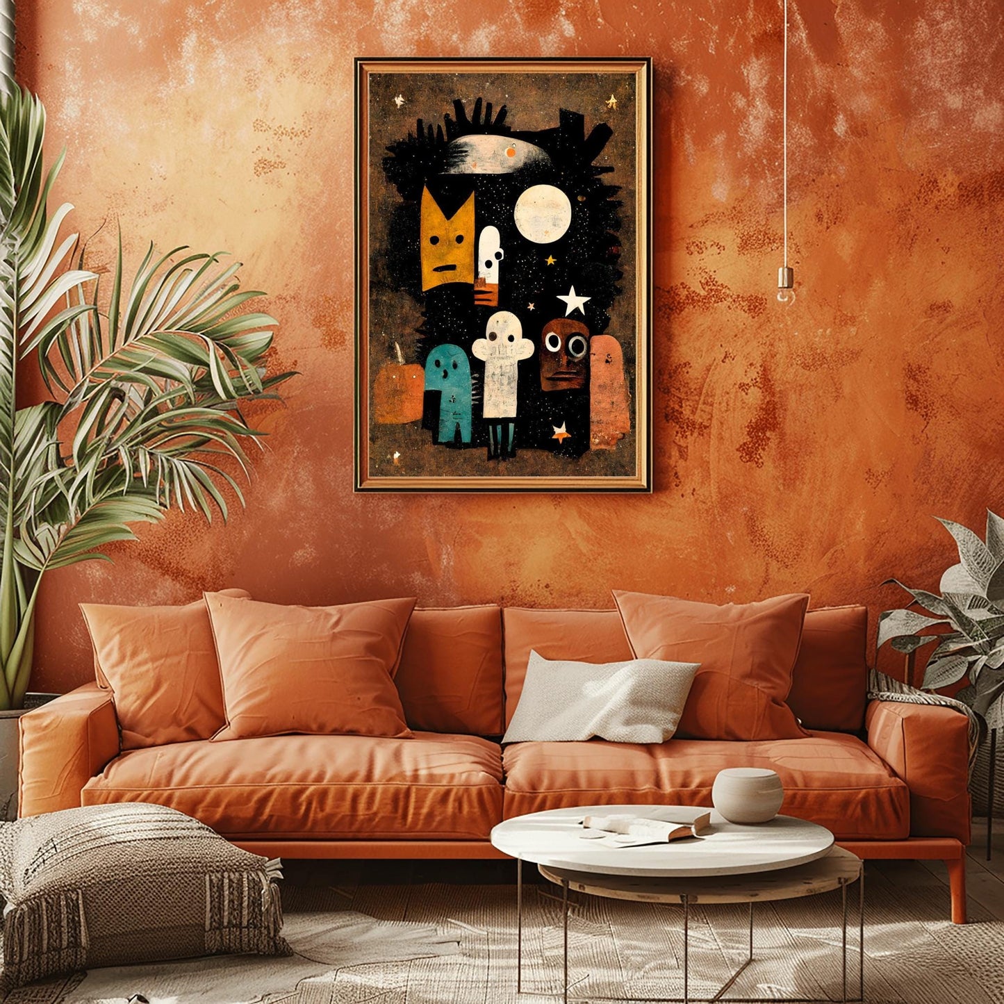 Whimsical Abstract Halloween Spirits Print | Quirky Starry Night Art | Modern Spooky Decor | Colorful Character Poster | Unique Halloween