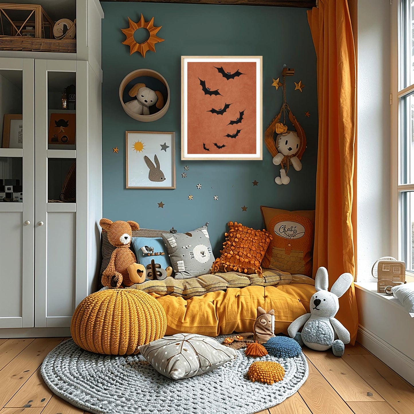 Minimalist Bat Halloween Print | Modern Spooky Wall Art | Rust Orange Bat Decor | Autumn Seasonal Poster | Simple Halloween Gift Flying Bats
