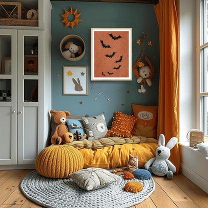 Minimalist Bat Halloween Print | Modern Spooky Wall Art | Rust Orange Bat Decor | Autumn Seasonal Poster | Simple Halloween Gift Flying Bats