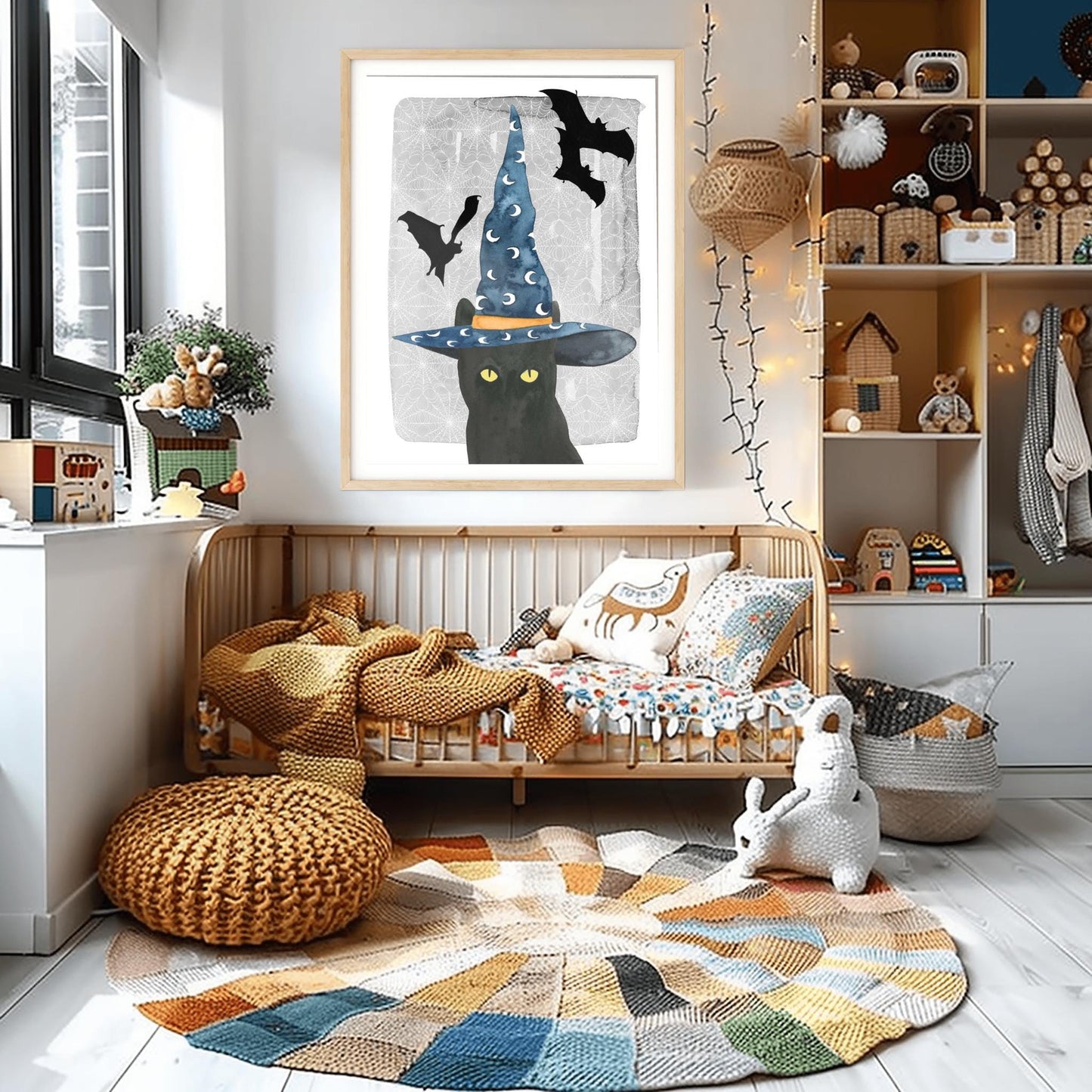 Whimsical Witch Cat Print | Halloween Black Cat Art | Wizard Hat Spooky Decor | Flying Bat Wall Art | Cute Witchy Feline Magical Poster