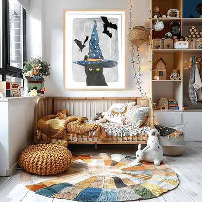 Whimsical Witch Cat Print | Halloween Black Cat Art | Wizard Hat Spooky Decor | Flying Bat Wall Art | Cute Witchy Feline Magical Poster