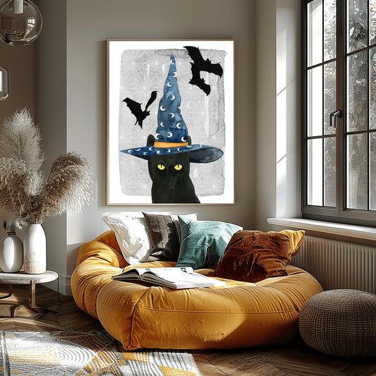 Whimsical Witch Cat Print | Halloween Black Cat Art | Wizard Hat Spooky Decor | Flying Bat Wall Art | Cute Witchy Feline Magical Poster