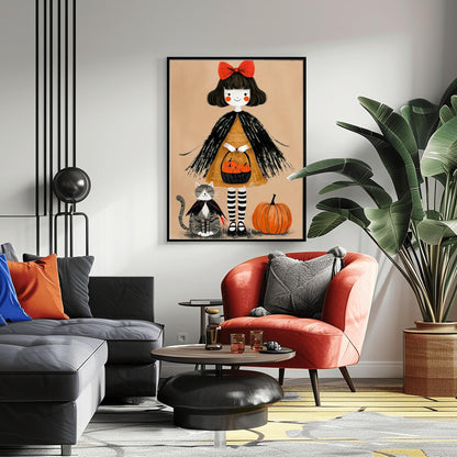 Whimsical Halloween Girl Print | Cute Black Cat & Pumpkin Art | Autumn Kids Room Decor | Spooky Season Poster | Trick or Treat Illustration