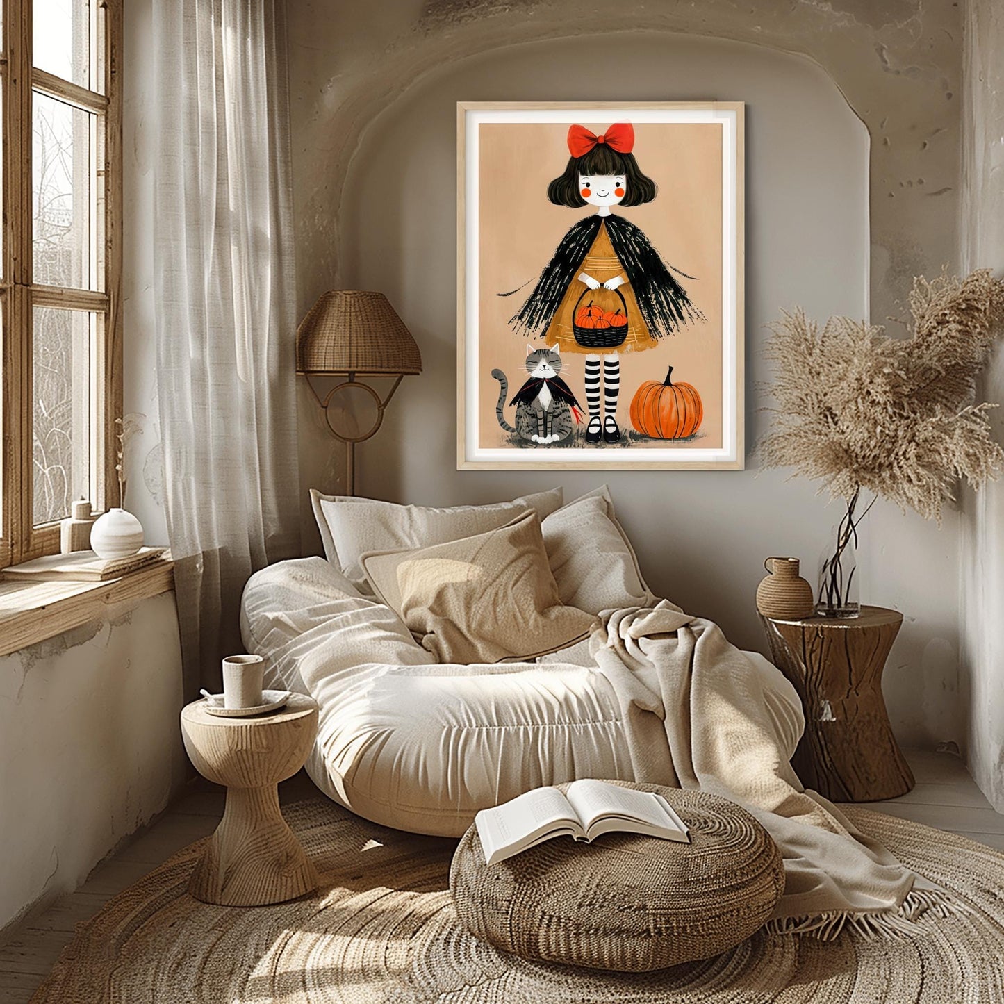 Whimsical Halloween Girl Print | Cute Black Cat & Pumpkin Art | Autumn Kids Room Decor | Spooky Season Poster | Trick or Treat Illustration