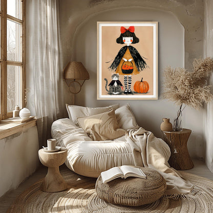 Whimsical Halloween Girl Print | Cute Black Cat & Pumpkin Art | Autumn Kids Room Decor | Spooky Season Poster | Trick or Treat Illustration