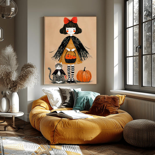 Whimsical Halloween Girl Print | Cute Black Cat & Pumpkin Art | Autumn Kids Room Decor | Spooky Season Poster | Trick or Treat Illustration
