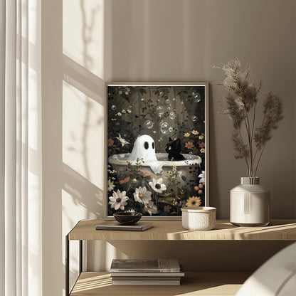 Whimsical Ghost & Cat Print | Spooky Bathtub Art | Halloween Floral Decor | Cute Gothic Poster | Unique Ghostly Scene | Eerie Botanical