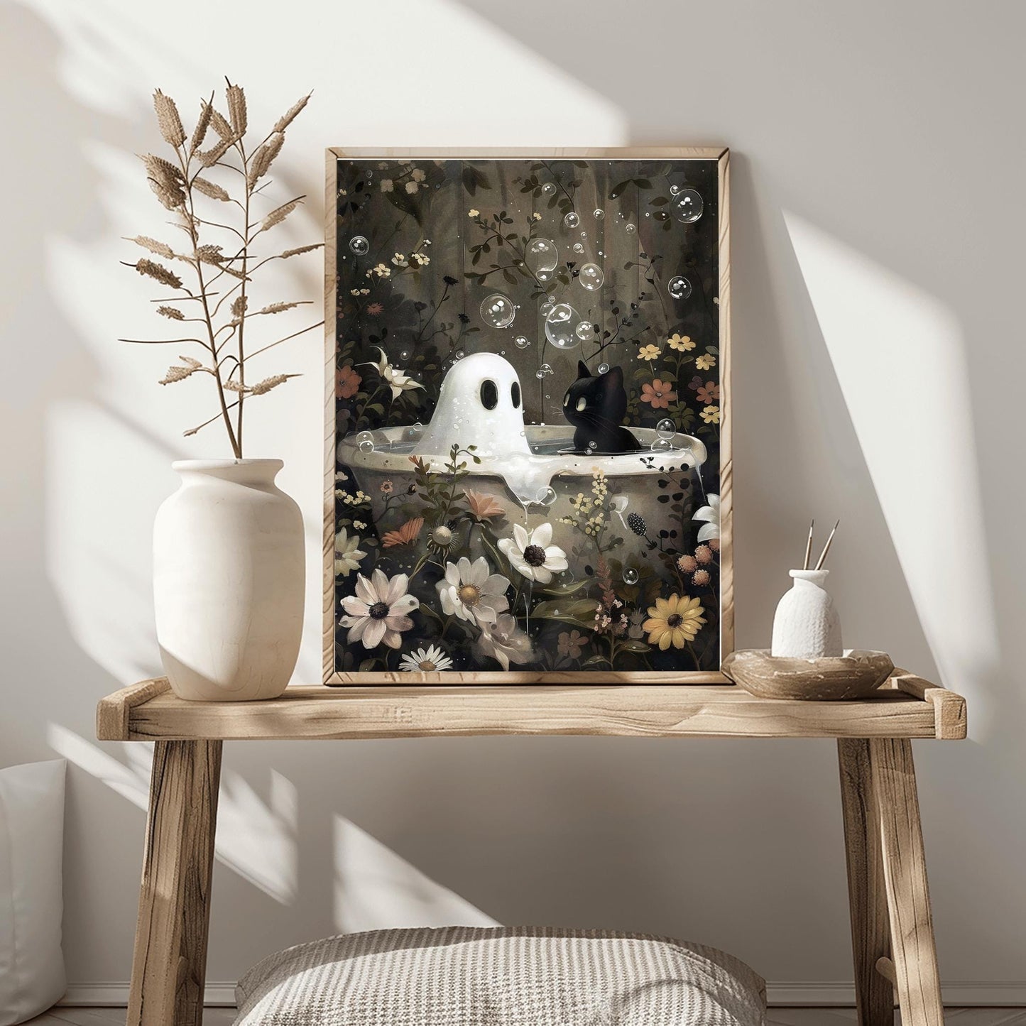 Whimsical Ghost & Cat Print | Spooky Bathtub Art | Halloween Floral Decor | Cute Gothic Poster | Unique Ghostly Scene | Eerie Botanical