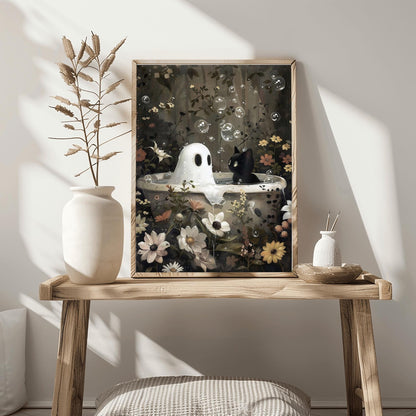 Whimsical Ghost & Cat Print | Spooky Bathtub Art | Halloween Floral Decor | Cute Gothic Poster | Unique Ghostly Scene | Eerie Botanical