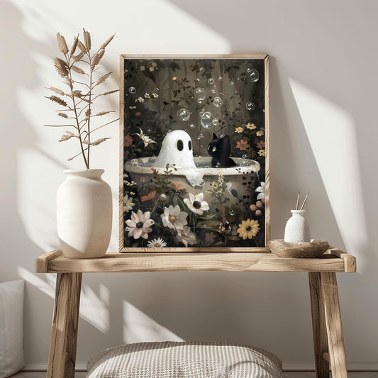 Whimsical Ghost & Cat Print | Spooky Bathtub Art | Halloween Floral Decor | Cute Gothic Poster | Unique Ghostly Scene | Eerie Botanical