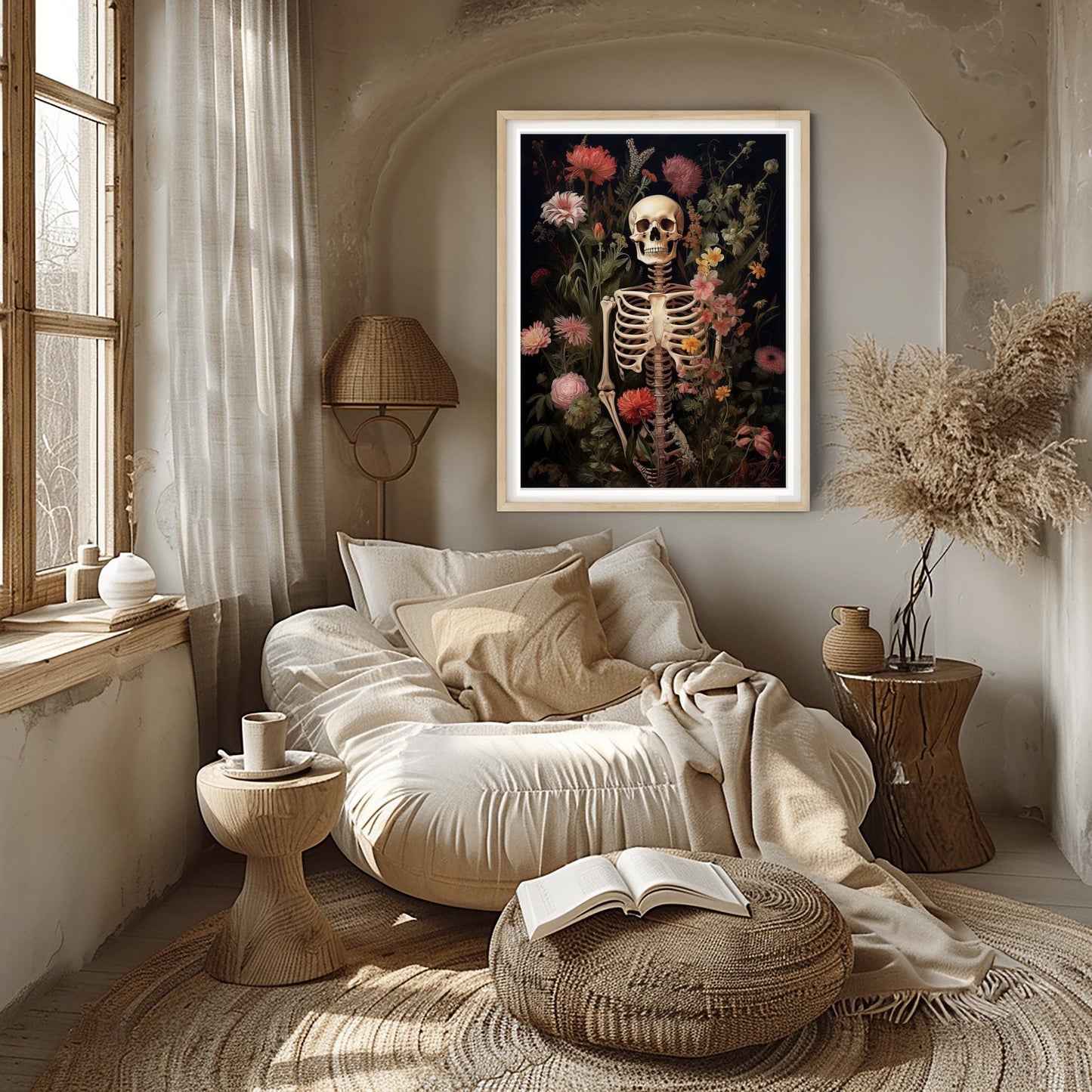 Gothic Skeleton & Flowers Print | Botanical Macabre Wall Art | Halloween Floral Decor | Dark Academia Poster Unique Spooky Art Death Bloom