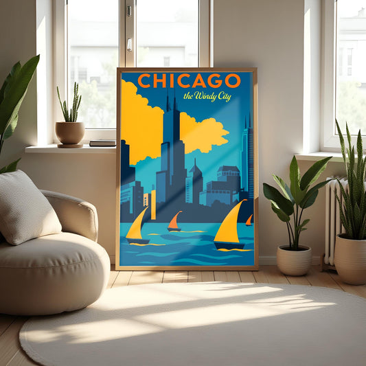 Chicago Poster Vintage Travel Art Print – Windy City Skyline, Sailboat Wall Decor, Retro Gift for Traveler