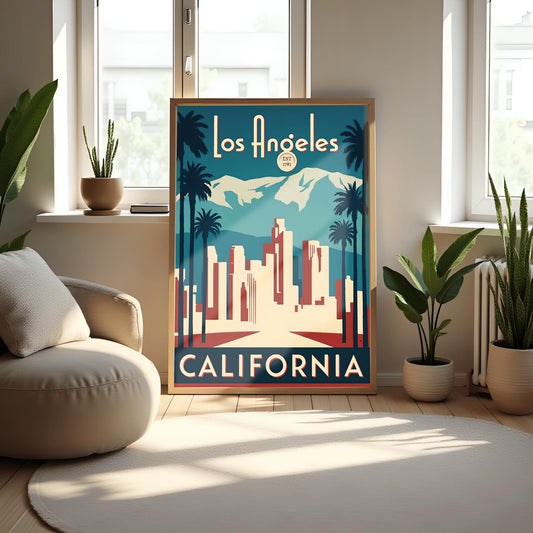 Vintage Los Angeles Travel Poster, Art Deco LA Skyline Print, Retro California Wall Decor, Palm Tree Wall Art, LA Souvenir Gift