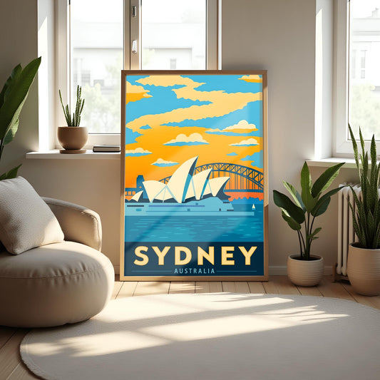 Vintage Sydney Travel Poster, Opera House Art Print, Retro Australia Wall Decor, Mid-Century Modern Skyline, Harbour Bridge Decor Gift