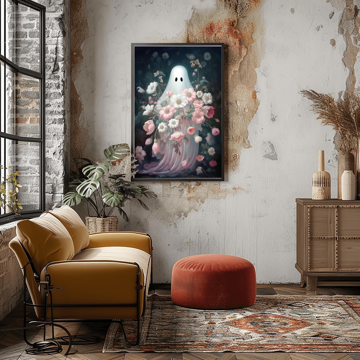 Ethereal Ghost Floral Print | Pastel Haunted Garden Art | Halloween Spirit Poster | Dreamy Spooky Decor Phantom Blooms Scene Mystical Garden