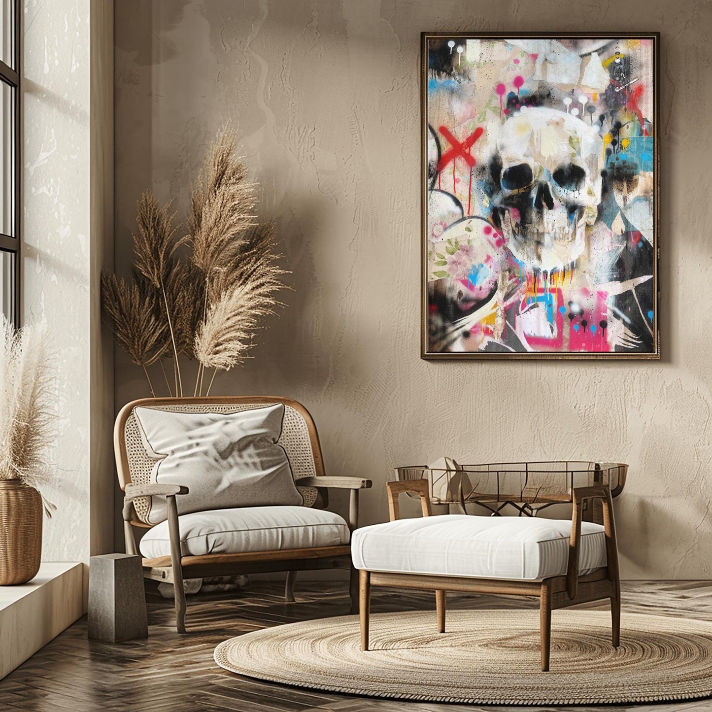 Grungy Skull & Floral Print Halloween Poster | Abstract Street Art Decor | Gothic Botanical Wall Art |  Unique Mixed Media Urban Macabre