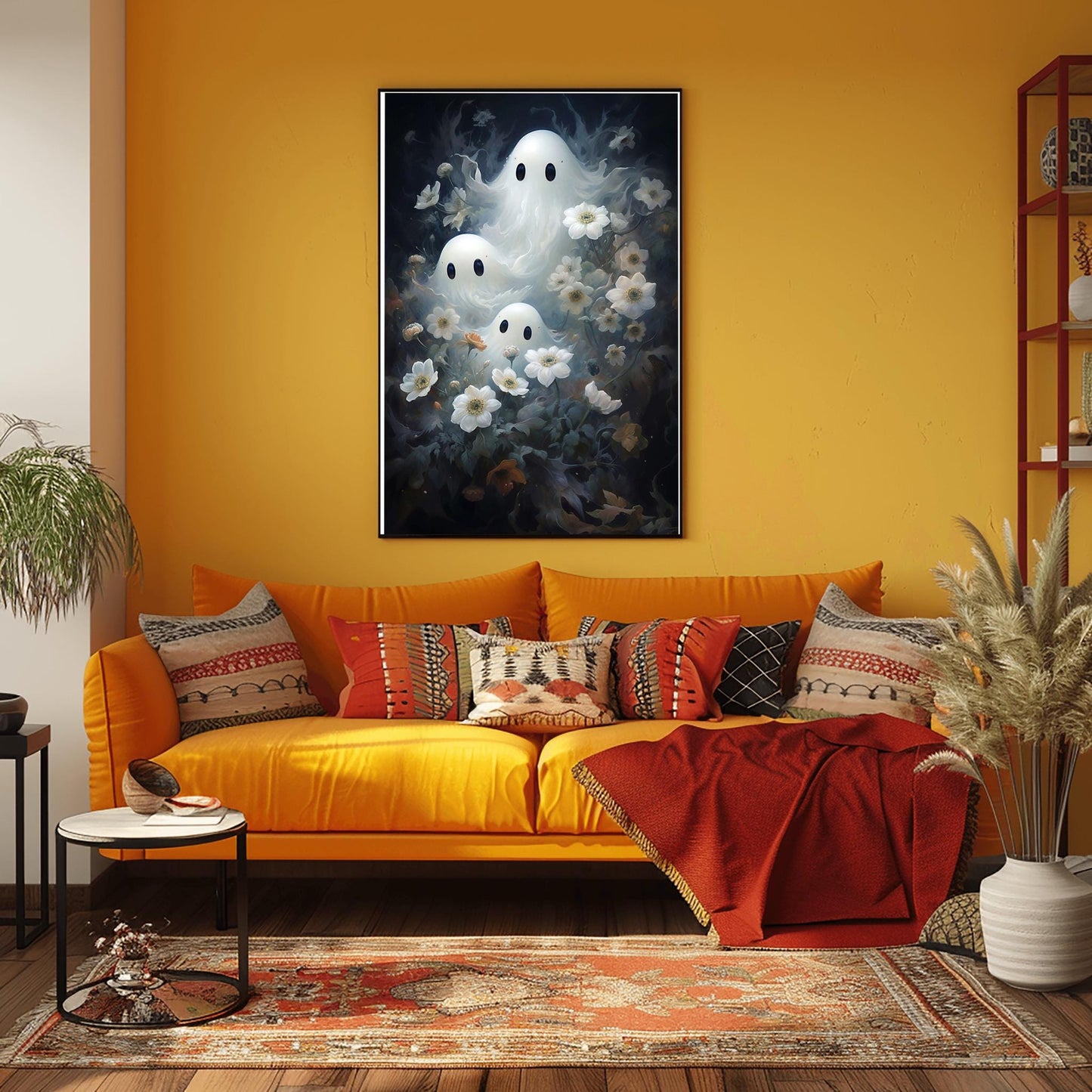 Multiple Ghosts Halloween Floral Print | Ethereal Haunted Garden Art | White Flowers Spooky Decor | Mystical Spirit Poster