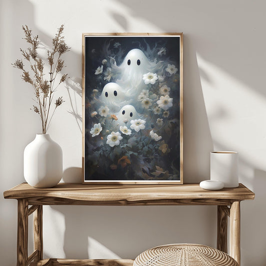 Multiple Ghosts Halloween Floral Print | Ethereal Haunted Garden Art | White Flowers Spooky Decor | Mystical Spirit Poster