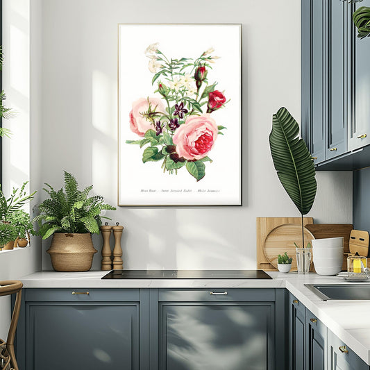 Vintage Rose & Violet Bouquet Print | Moss Rose Botanical Art | White Jasmine Floral Illustration | Cottagecore Garden Decor | Romantic Art