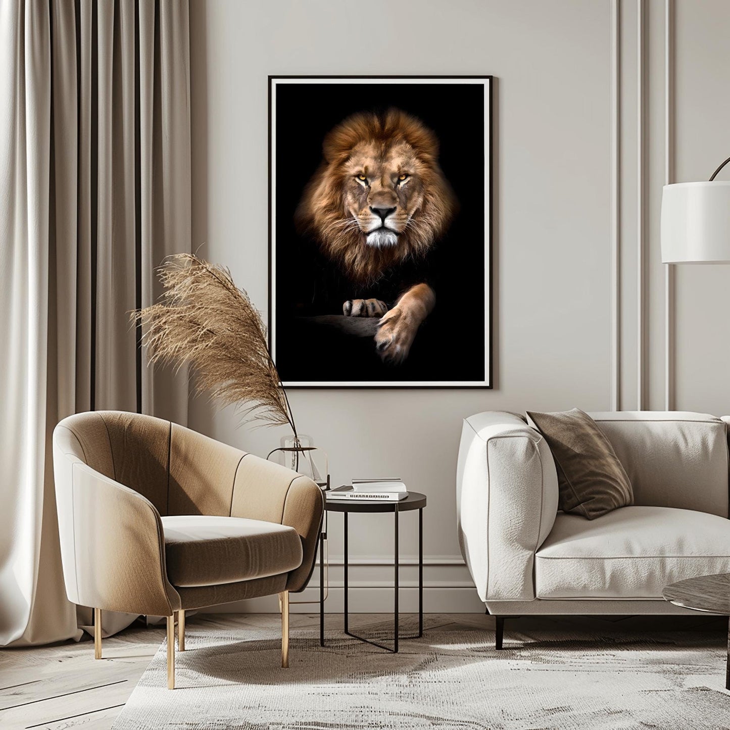 Dramatic Lion Portrait Print, Majestic Lion Wall Art, Intense Amber Eyes Poster, Realistic Wildlife Photography, African Safari Decor