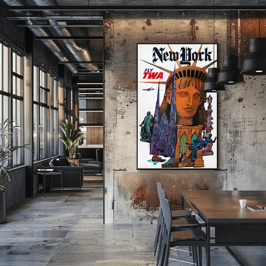 Vintage TWA New York Travel Poster | Iconic NYC Landmarks Print | Retro Statue of Liberty Art | MidCentury Aviation Decor Cityscape Wall Art