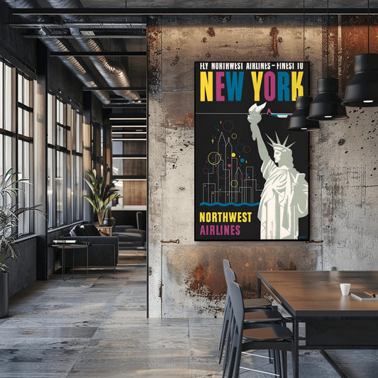 Vintage Northwest Airlines Poster | New York City Travel Art | Statue of Liberty Print | Retro Aviation Decor | Mid-Century Airline Poster