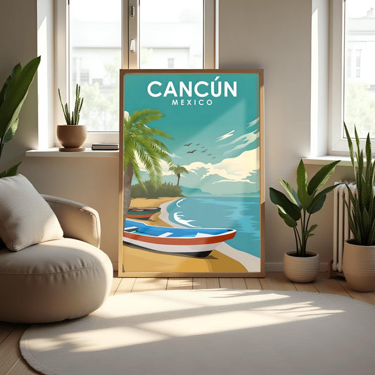 Vintage Cancun Travel Poster, Mexico Wall Art Print, Retro Beach Scene Decor, Tropical Palm Tree Art, Vacation Art Print, Traveler Gift
