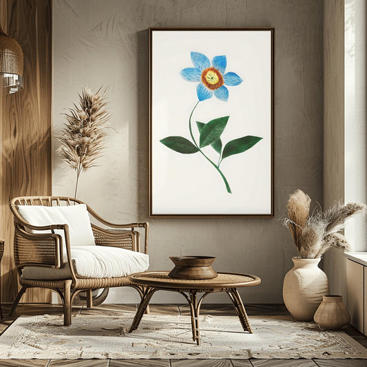 Blue Flower Print Watercolor Botanical Art, Minimalist Floral Poster, Yellow Core, Modern Nature Wall Decor