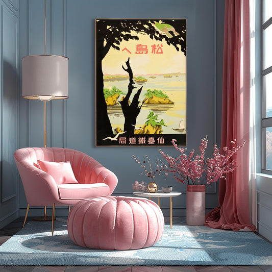 Vintage Japanese Landscape Poster | Serene Island Travel Print | Traditional Asian Wall Art | Retro Japan Decor | Scenic Nature View