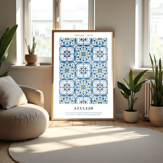 Azulejo Tilework Poster, Portuguese Tile Print, Blue and White Spanish Decor, Traditional Tile Art, Mediterranean Decor Pattern Wall Art