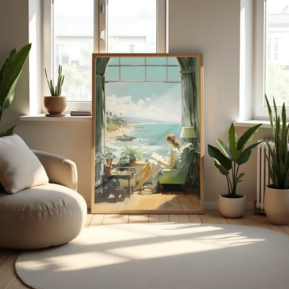 Edward Hopper Style Art Print, Woman Reading Poster, Cozy Coastal Retreat, Serene Contemplation Art, Reading Nook Wall Decor, Beach House