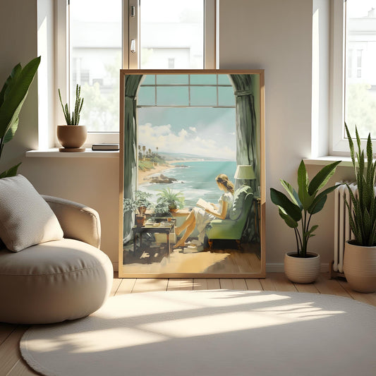 Edward Hopper Style Art Print, Woman Reading Poster, Cozy Coastal Retreat, Serene Contemplation Art, Reading Nook Wall Decor, Beach House