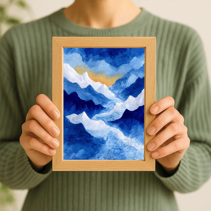 Watercolor Mountain Print, Snowy Landscape Poster, Serene Blue Mountain Art, Nature Wall Decor, Abstract Winter Landscape Rustic Cabin Print
