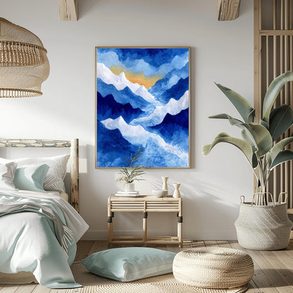 Watercolor Mountain Print, Snowy Landscape Poster, Serene Blue Mountain Art, Nature Wall Decor, Abstract Winter Landscape Rustic Cabin Print