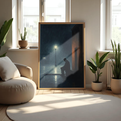 Edward Hopper Art Solitary Figure Print, Rainy Night Streetlamp Poster, Moody Wall Art, Dark Academia Decor