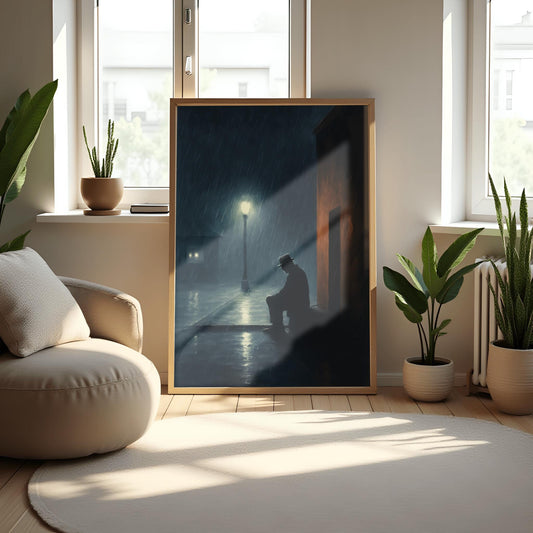 Edward Hopper Art Solitary Figure Print, Rainy Night Streetlamp Poster, Moody Wall Art, Dark Academia Decor